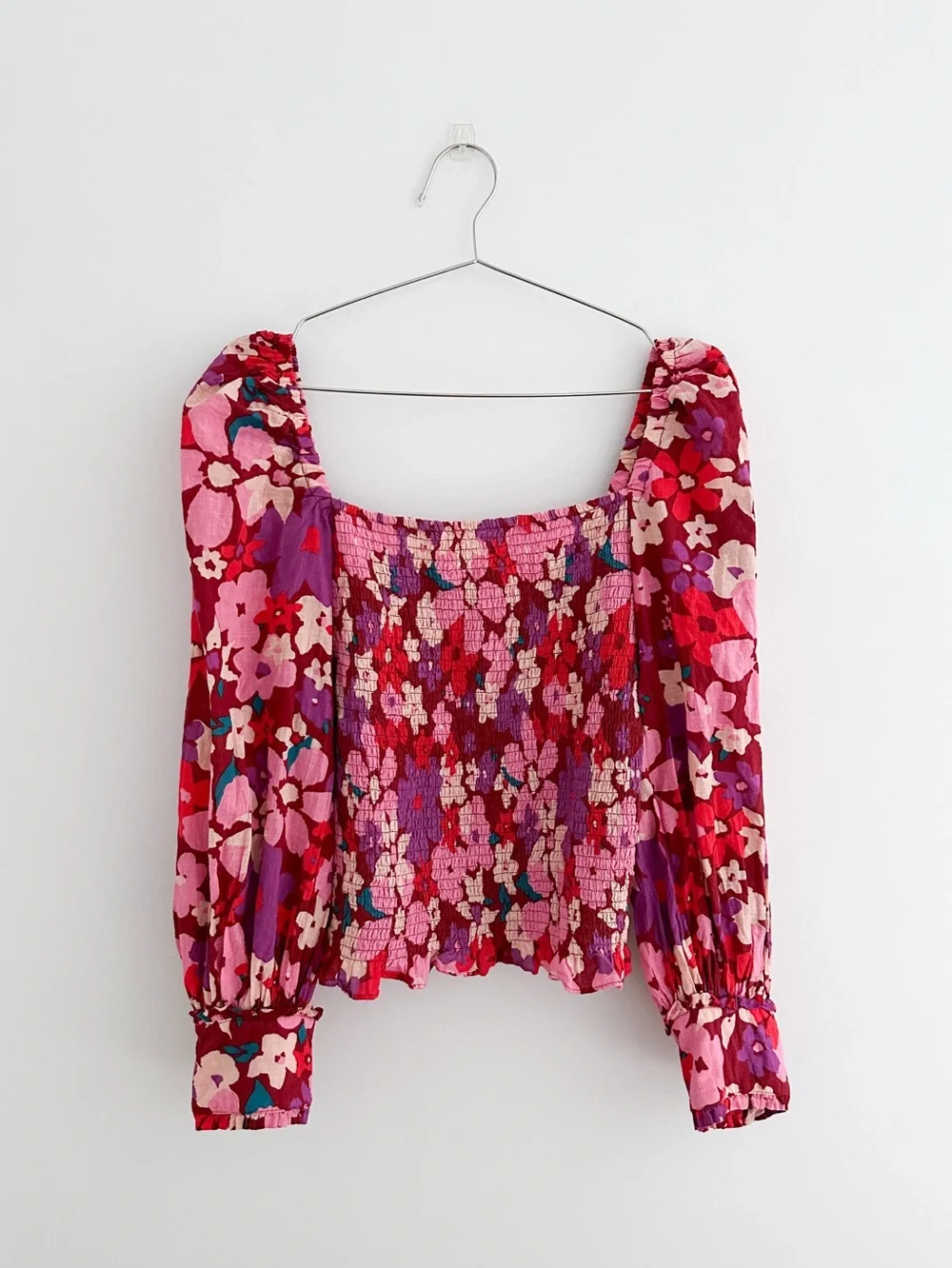 Free People Ariana Printed Top Floral Smocked Long Sleeve Feminine Boho Size L